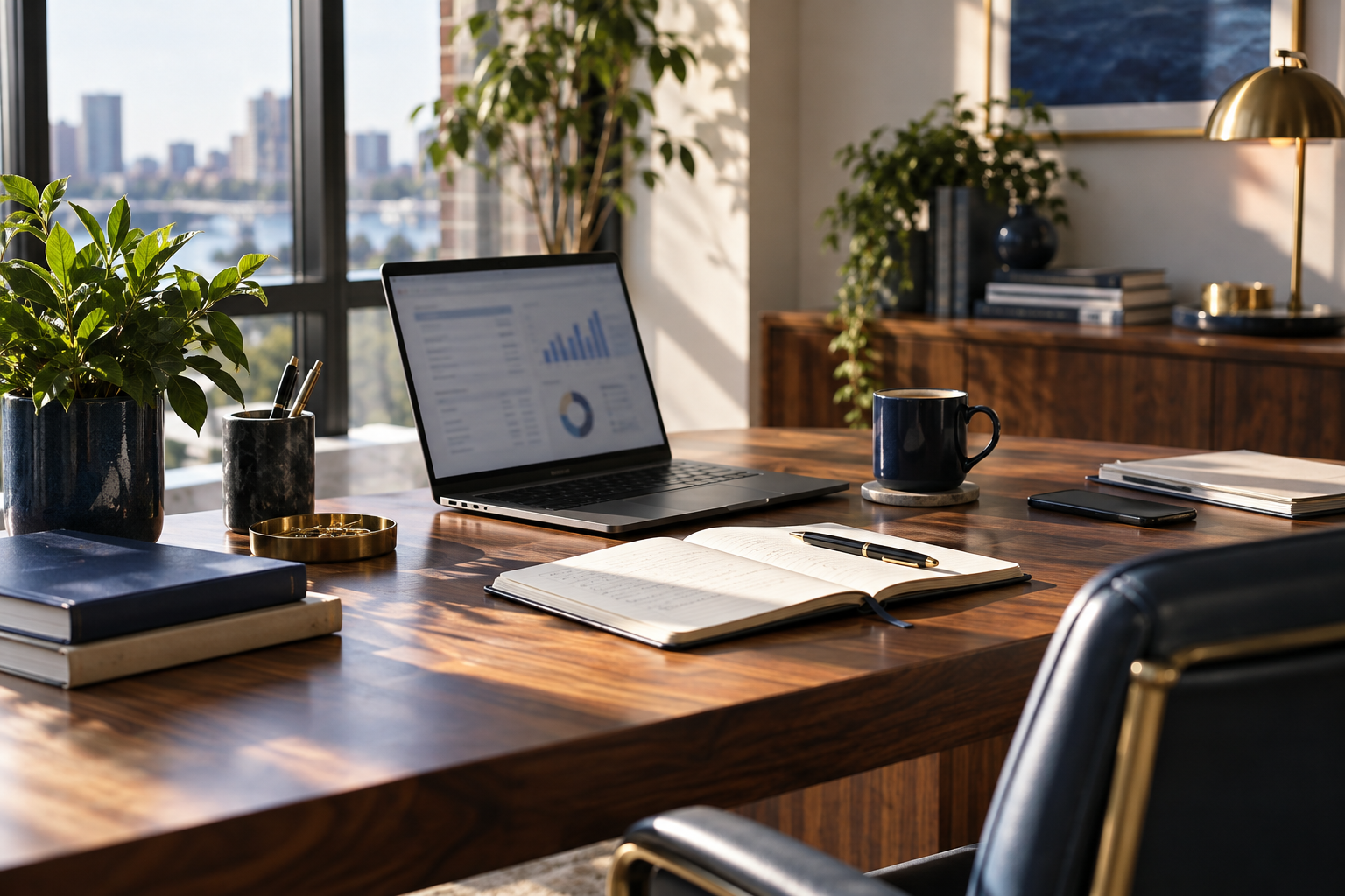 Sunlit workspace with a laptop, notebook, and coffee on a walnut desk
